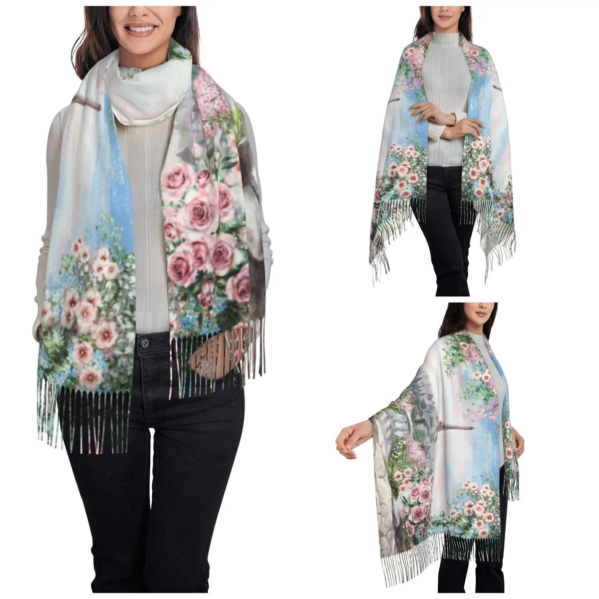 Oil Painting France Paris Eiffel Tower Shawl Wraps Women Warm Large Long Scarf Watercolor Flower Rose Pashmina Tassel Scarves