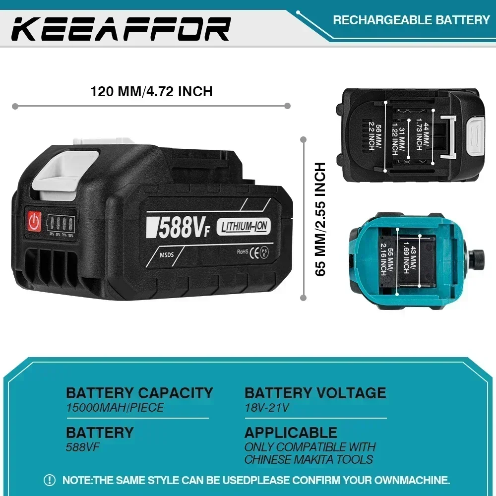 EllEAFFOR-Batterie Lithium-Ion Rechargeable pour Outils Électriques, Prise EU US, Makita, 18V, 588VF, 15000mAh