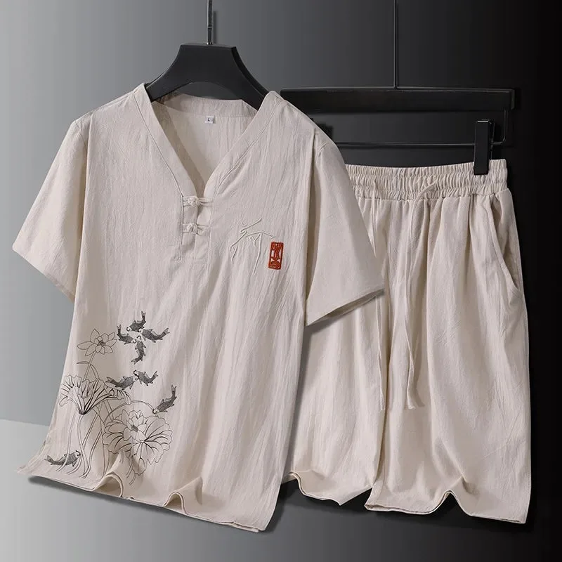 

Chinese Retro Style Linen Blend Two Piece Set Embroidered Lotus Fish Short Sleeve Tee Loose Casual Shorts