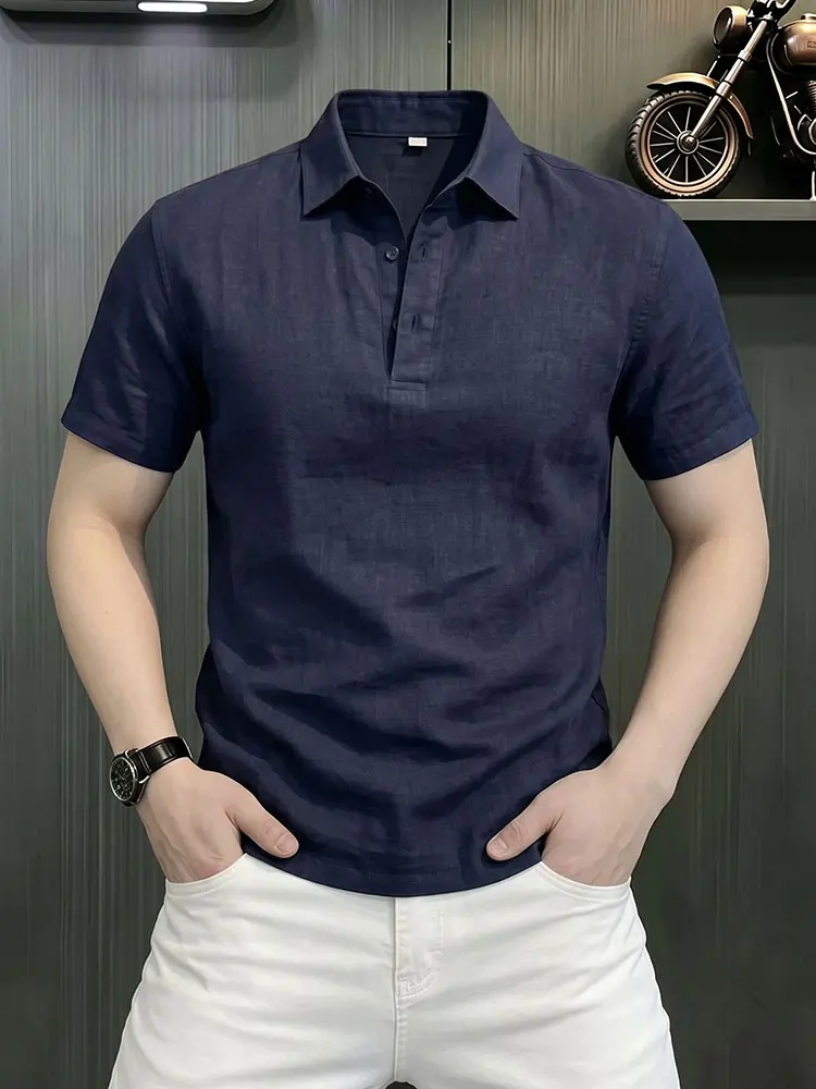 Lightweight Breathable  Shirt Loose Fit Short Sleeve Quick Dry Simulation Linen Blue Summer T-Shirt Casual Style Flip Collar