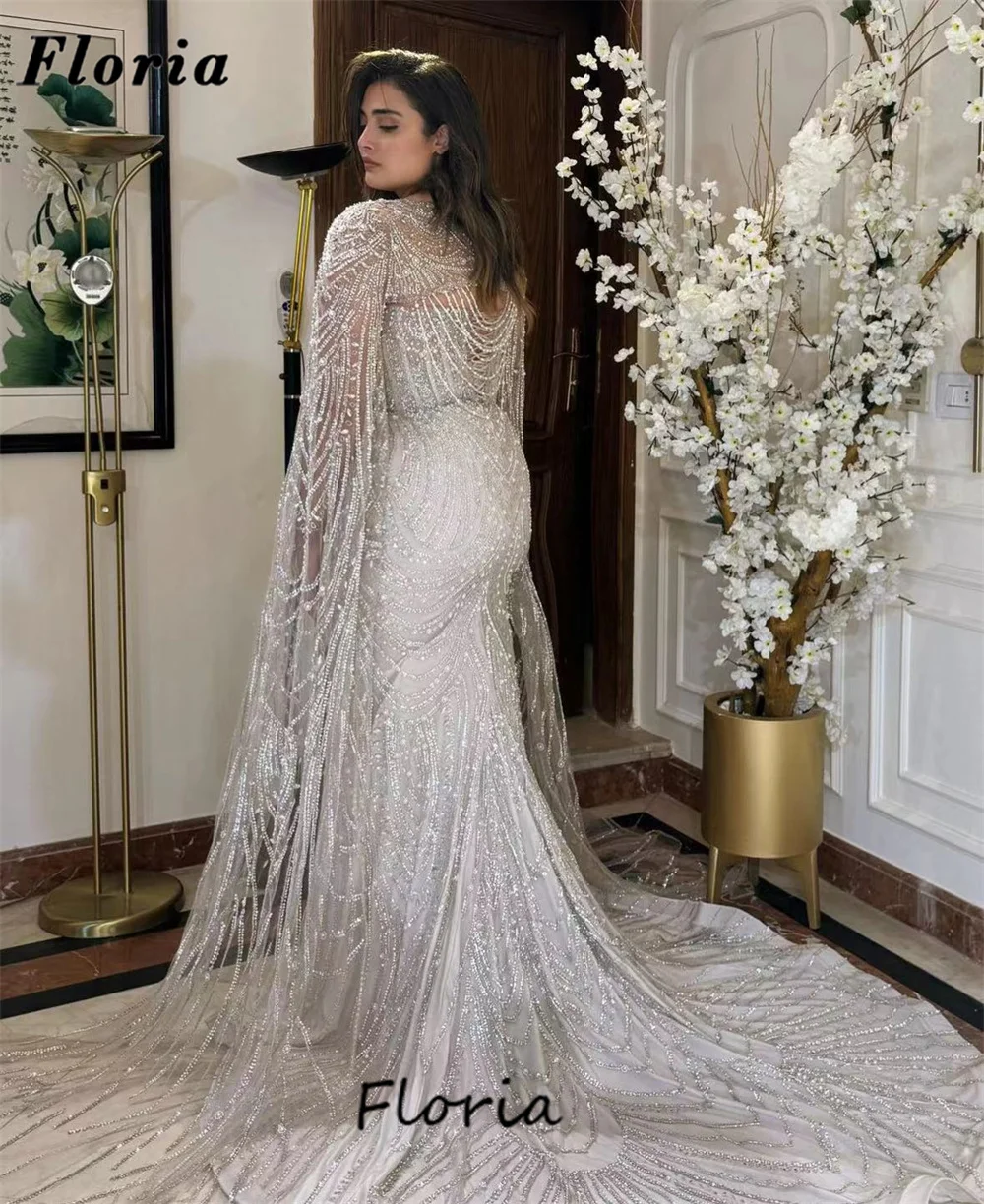 Kaftans Sliver Long Evening Dresses Cape Sleeves Full Beading Sequins Celebrity Prom Dress Vestidos De Noche Dubai Party Gowns