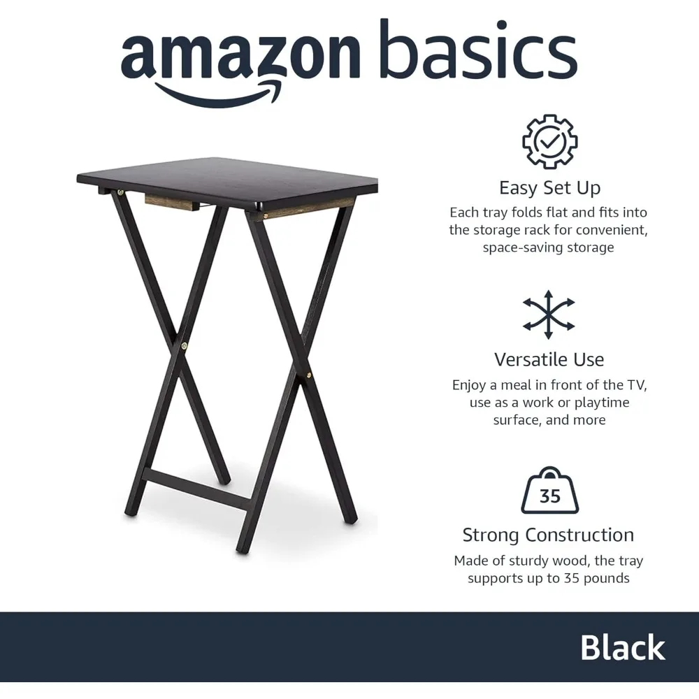 Portable Folding Tray Table Set with Storage Rack, 4-Pack Black Rectangular Design, 15x19x26 Inches