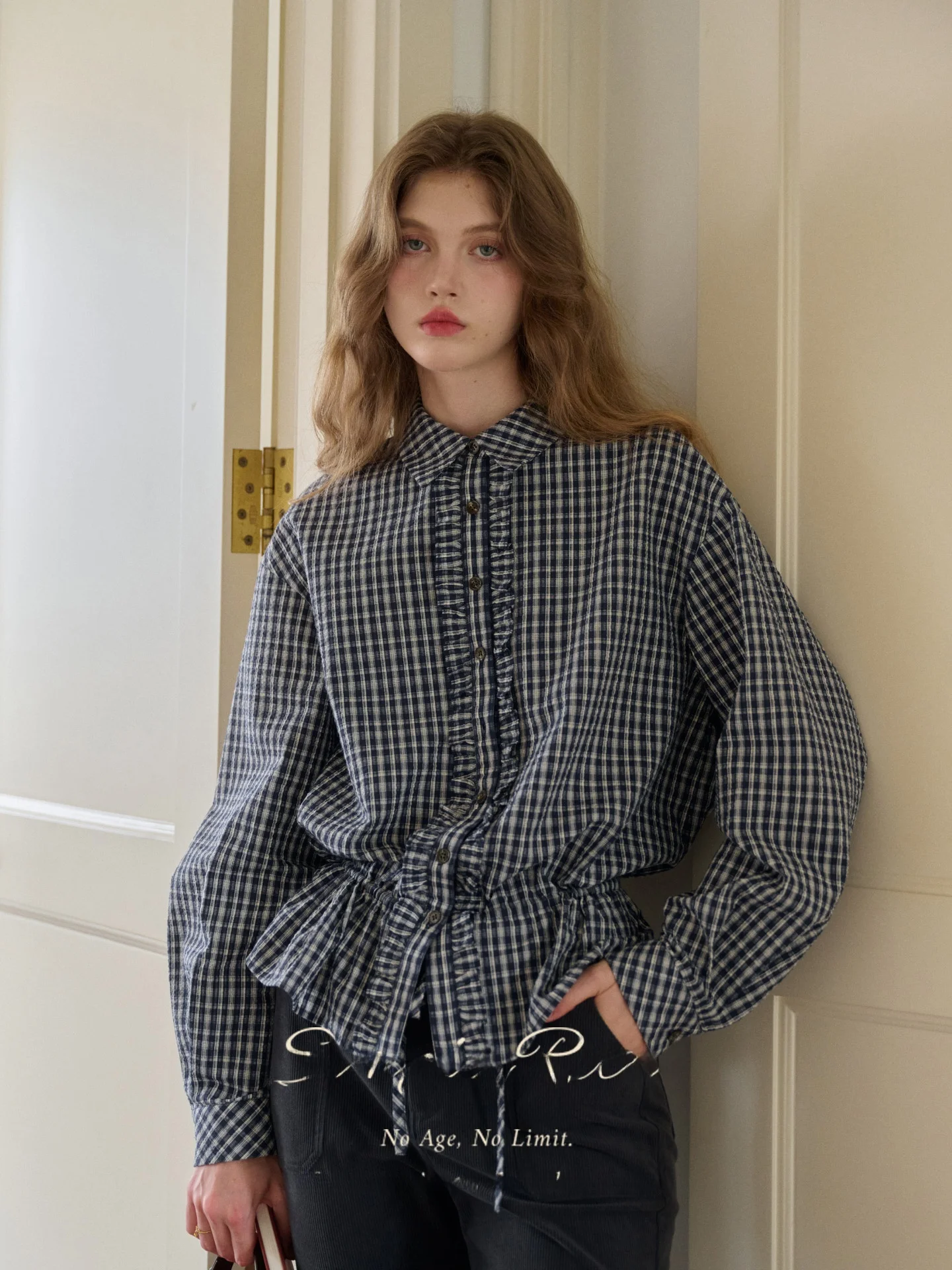 

SimpleRetro French Sle Plaid Long Sve Women's irt Dstring Cuffed Lazy Wood Ear Collar Breathable Cotton Blend irt