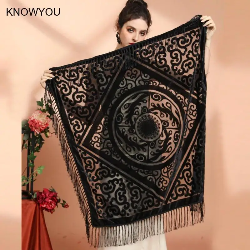 110X110Cm Jacquard Flower Shawl Lady Elegant Tassel Square Scarf Vintage Ethic Style Qipao Capes Autumn Poncho Luxury Pashmina