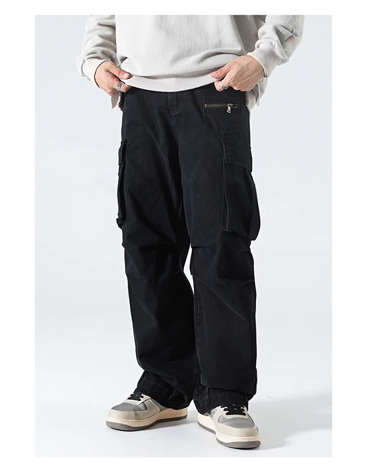 American Style New Fashion Men Solid Color Straight Simple Basic Daily Casual Trendy Multi Pockets Cargo Trousers Male Pants