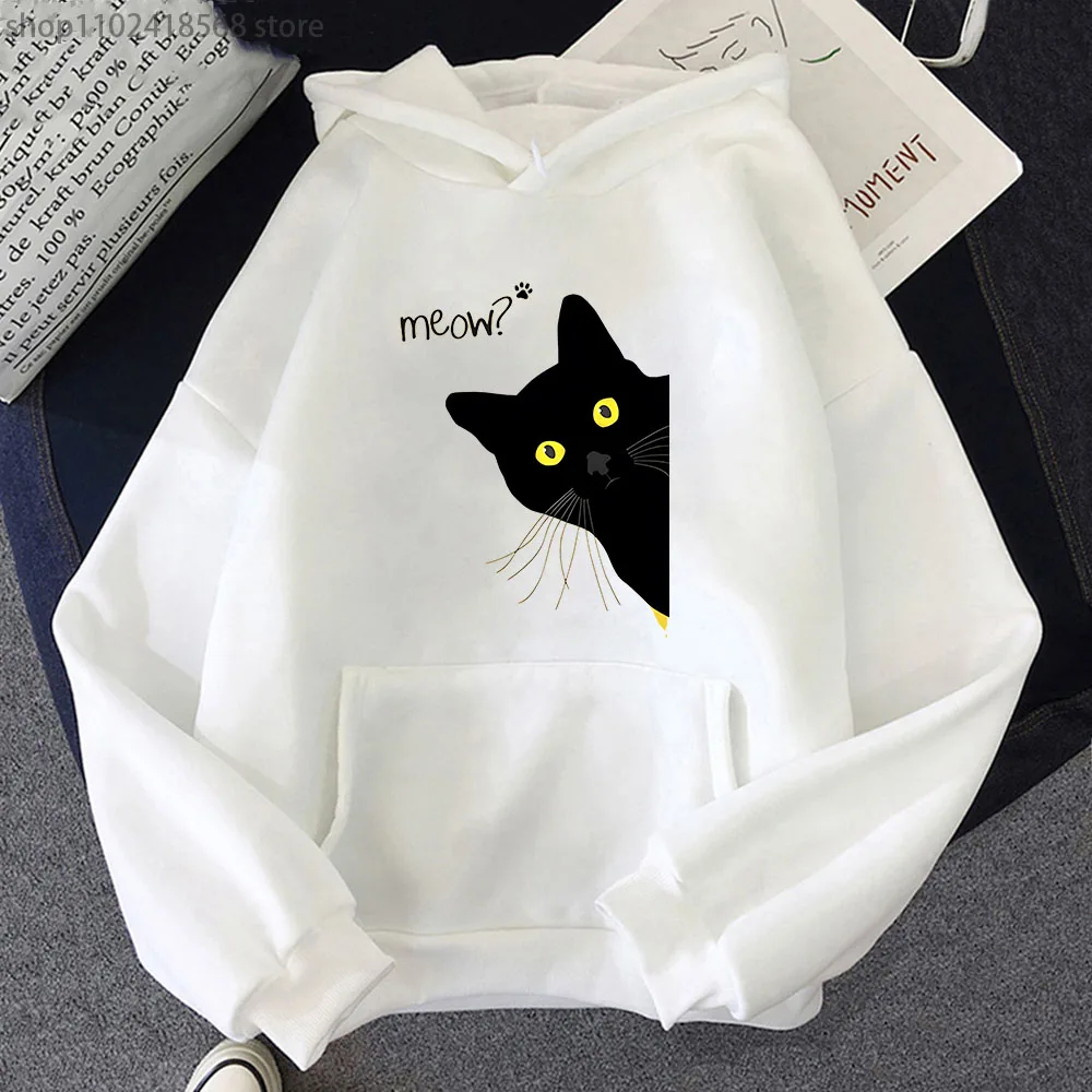 Meow Black Cat Hoodies Funny Printing Sweatshirts Men Autumn Winter Clothes Kawaii Cute Tops Kpop Streetwear Women Sudadera Coat