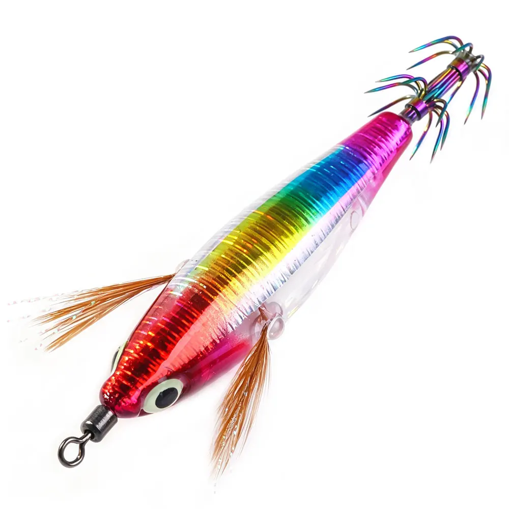 Galvanisierter Tintenfisch-Jig-Angelköder, horizontaler Oktopus-Seepen-Holzgarnelen-Hardbait, künstlicher Wobbler mit 3D-Leucht-Augen – Detail 10