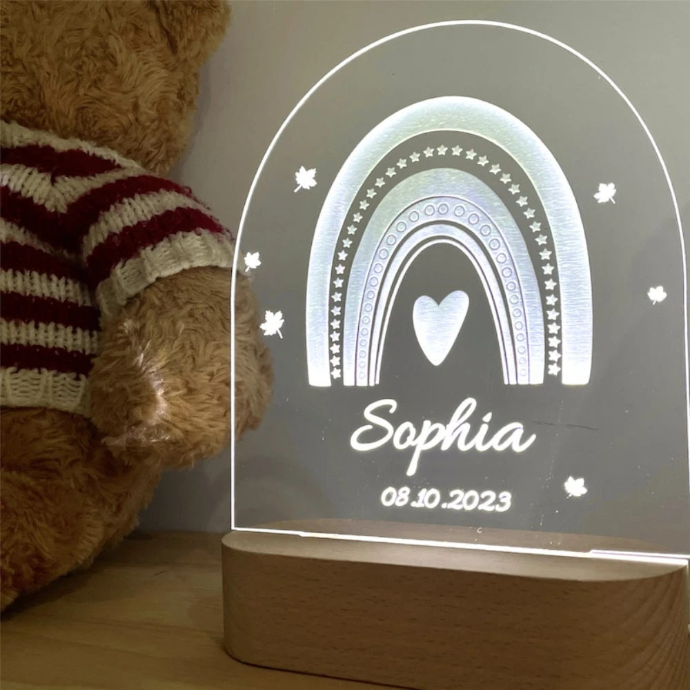 Personalizado Rainbow LED Night Light para o bebê recém-nascido, lâmpada de nome personalizado com morno ou 7 cores Base para crianças, decoração da mesa do quarto, RGB