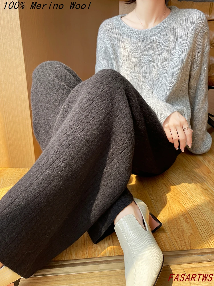 100% lã pura calças de perna reta para calças casuais femininas quente lã macia jacquard calças compridas para outono/inverno estilo de moda