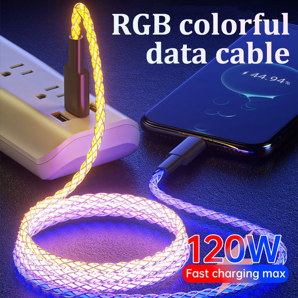 Fast Charging RGB Breathing Luminous Gradient Light Data Cable 120W TYPE-C Charger For iPhone 15 Pro Huawei Samsung Data Cable