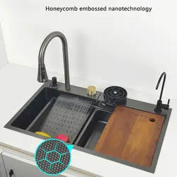 Honeycomb anti-scratch process kitchen sink Waterfall faucet Nano sink Stainless Steel Topmount Single Bowl Wash Basin Waterfall