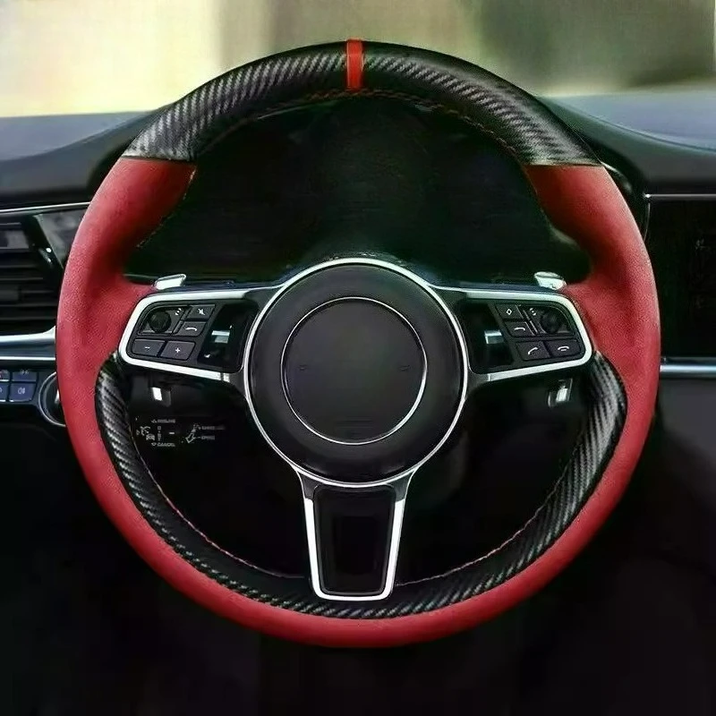 

Сшитый вручную черный бордовый кожаный чехол на руль из углеродного волокна для Porsche Taycan Cayenne Macan Panamera 718 911