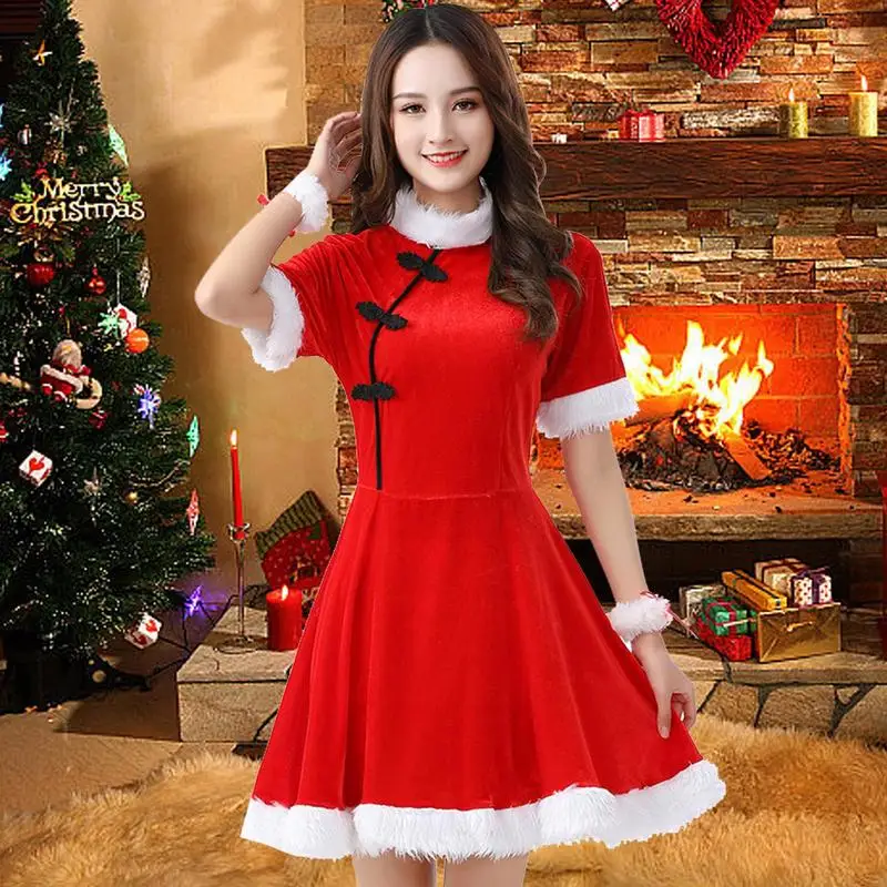 Santa Dress Red Dress With Faux Fur Hem Mrs Santa Claus Costume Christmas Outfits For Cosplay Stage Performance Party