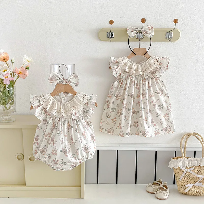 ZOETOPKID 2026 Summer 100% Cotton Baby Girls Clothes Short-sleeved Triangular Rompers and Floral Print Dresses Bodysuits