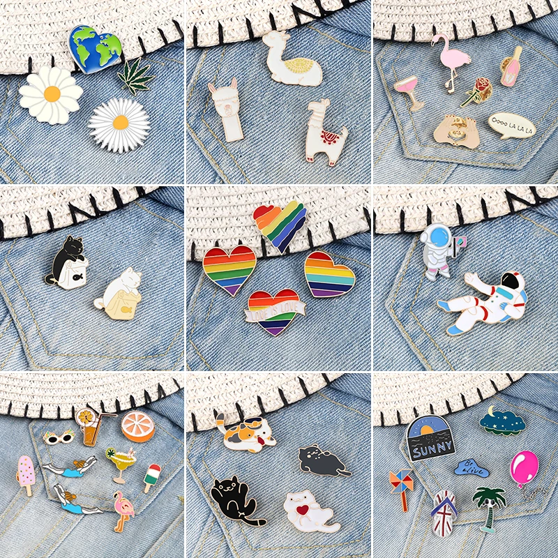 2-9Pcs/Set Creative Rainbow Pins Enamel Cartoon Alpaca Cats Brooches Green Earth Badges Clothes Lapel Pin Hats Bag Jewelry Gifts