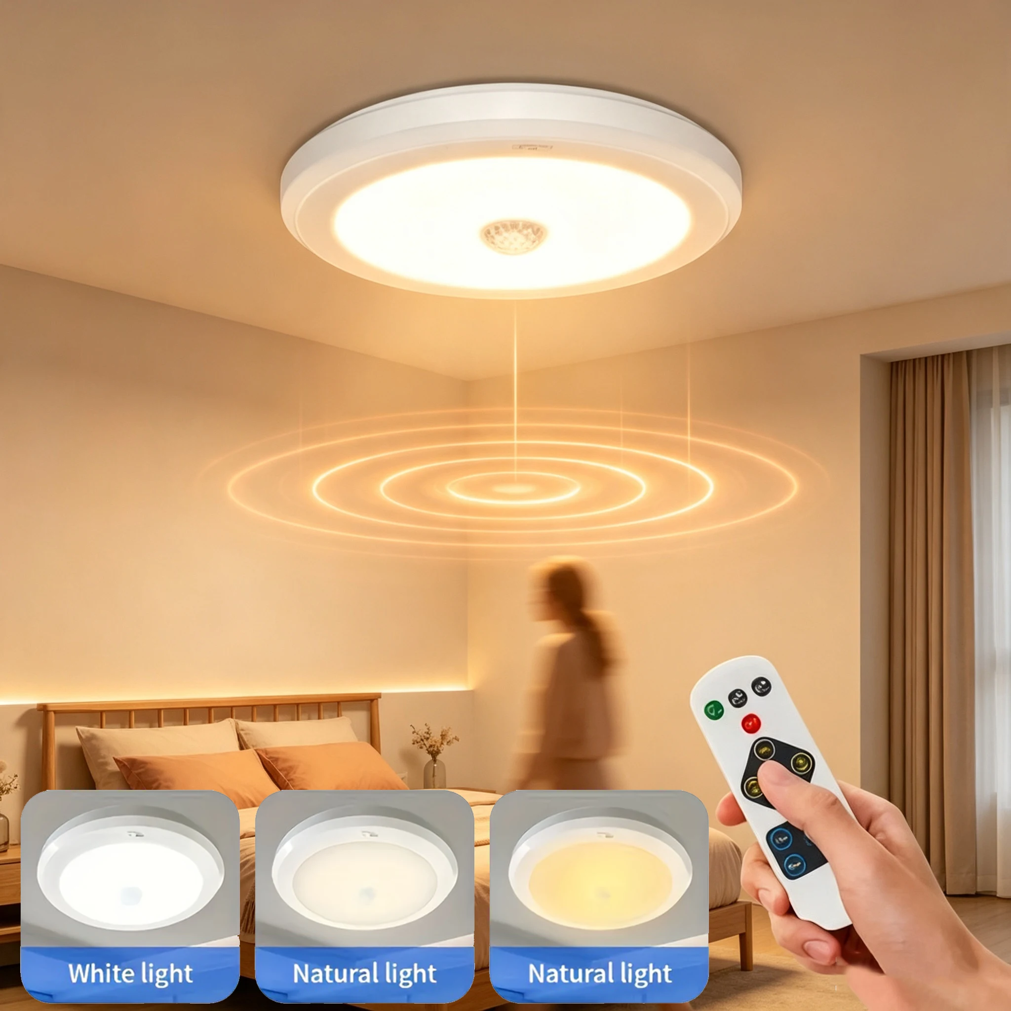 Battery Operated Motion Sensor Ceiling Light  with Remote Control 3 Colour Temperature For Home Entrance Stair Balcony Hallways