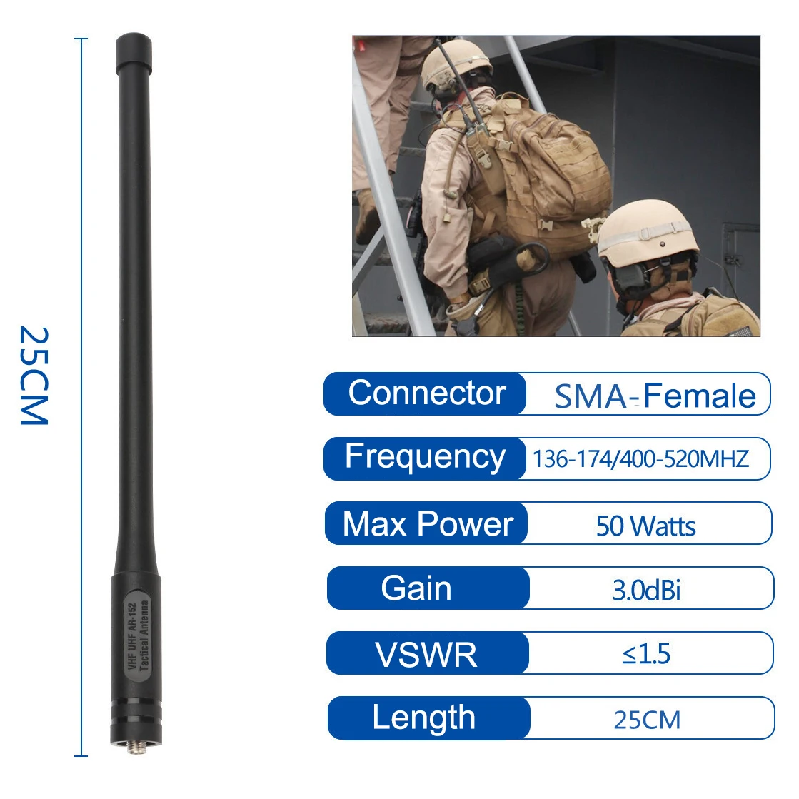 Baofeng AR-152 Tactical Antenna 136-520MHz VHF/UHF Dual Band Walkie Talkie Radio Antenna 3dBi High Gain Amplifier SMA Female