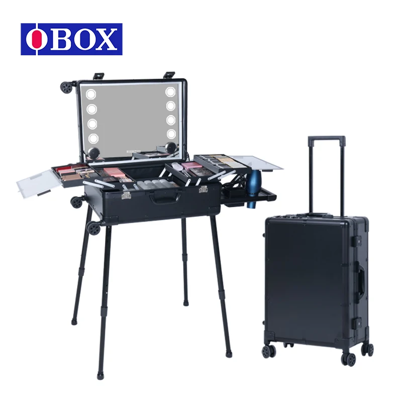OBOX Fashionable High-Volume Makeup Case Personalized Lattice Structure Folding Layering Lighted Mirror Plastic Hasp Closure