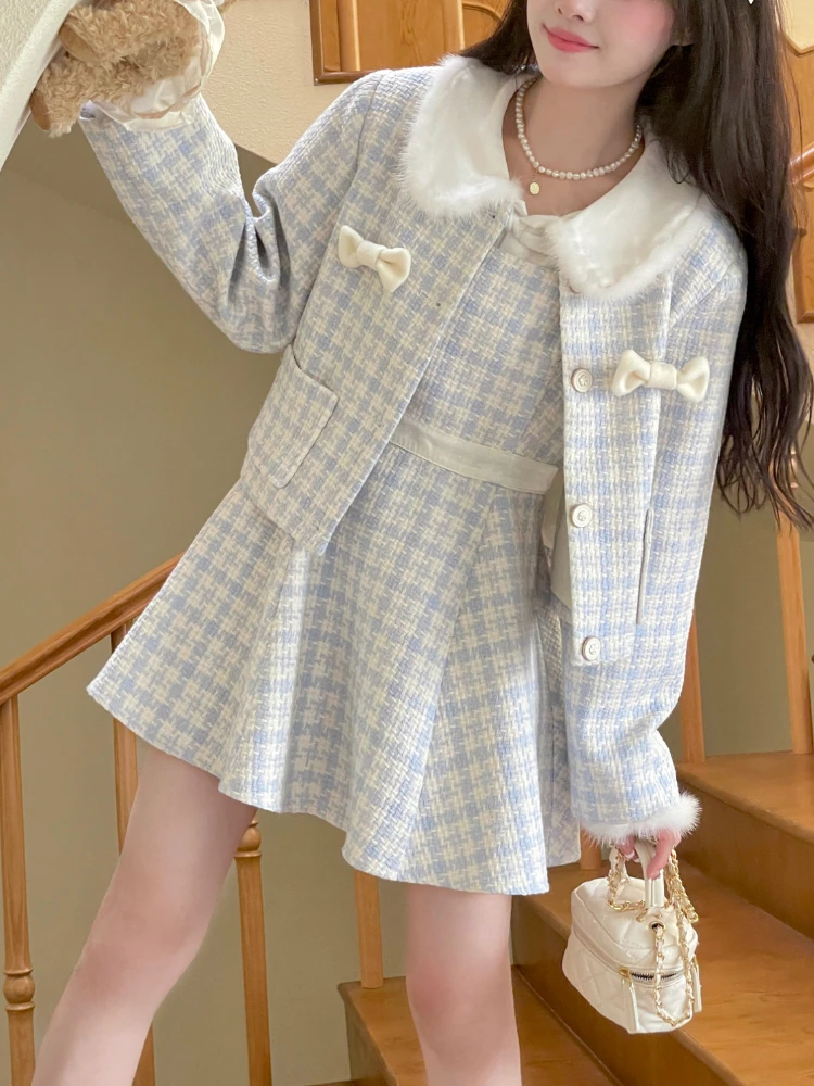 Kawaii Plaid Blue Three Piece Set Women Bow Japanese Sweet Cute Skirt Set Female Korean Style Party Mini Skirt Suit Winter 2023