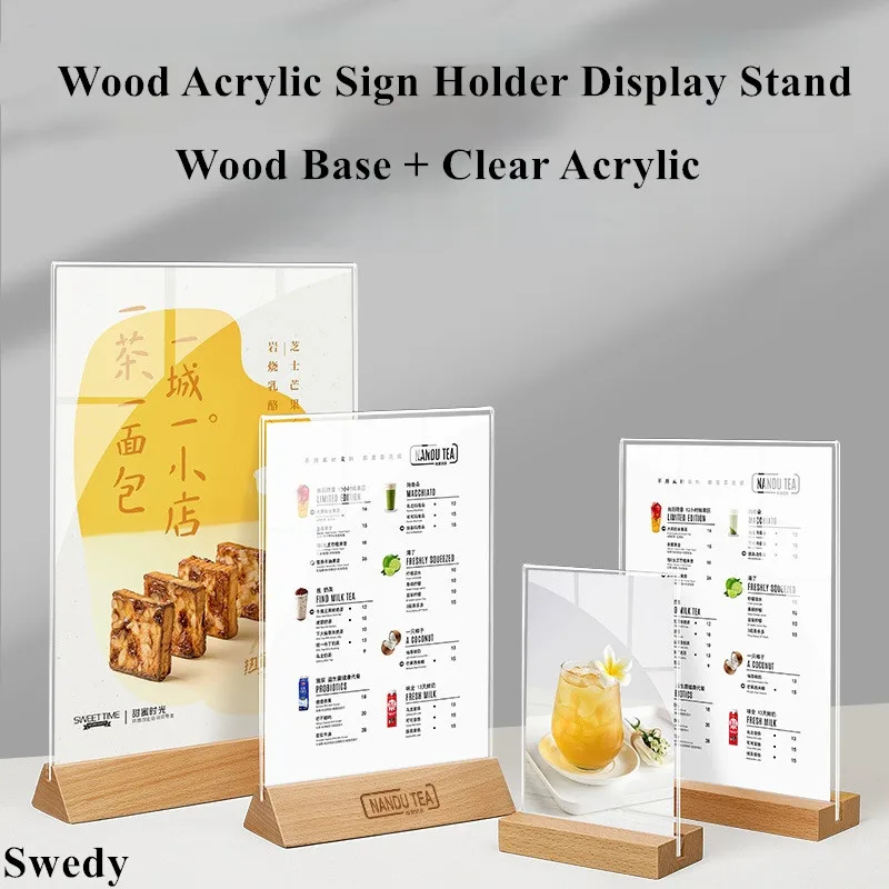A5 148x210mm Wood Base Restaurant Menu Poster Holder Display Stand Price Label Card Holder Frame Acrylic Sign Holder Stand