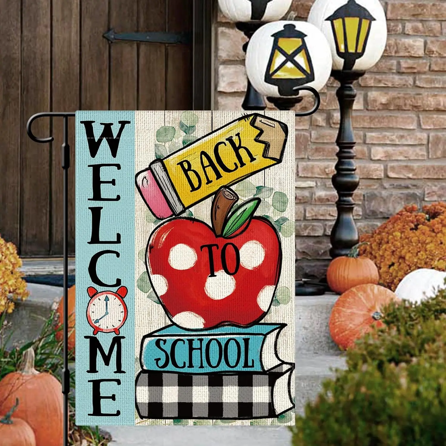 DLZDN العودة إلى المدرسة حديقة العلم أبل كتاب المدرسة اليوم الأول حديقة العلم 12x18 بوصة عمودي مزدوج الوجهين ريفي ترحيب بعيدا FFI