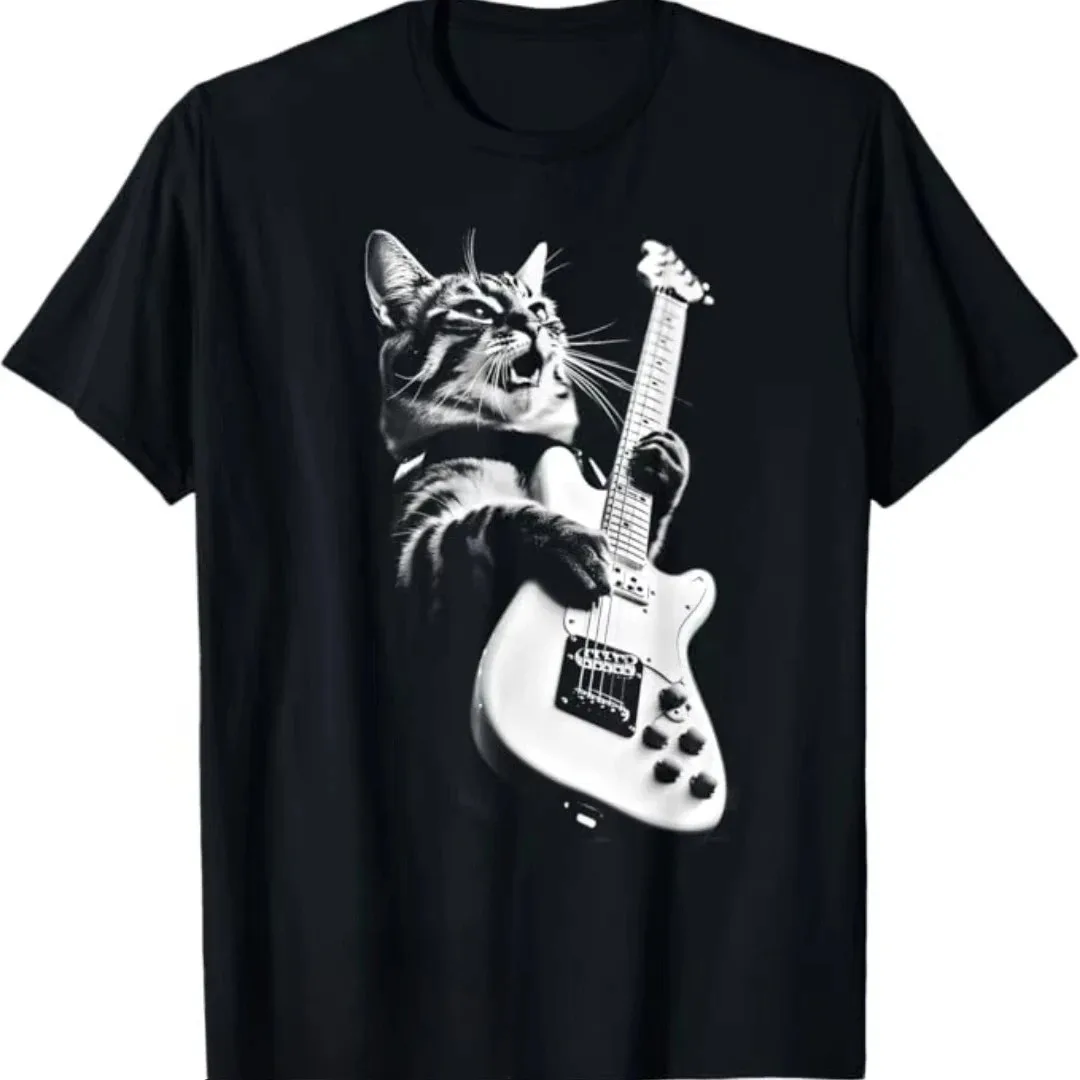 

T-shirt with Cat Guitar Graphic Print, Rock Style, Women's Urban Fashion Short Sleeves Tops