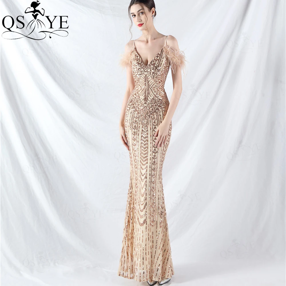 

Golden Sequin Prom Dresses Mermaid V Neck Ostrich Hair Sleeves Evening Gown Sequined Pattern Lace Gold Tulle Party Formal Dress