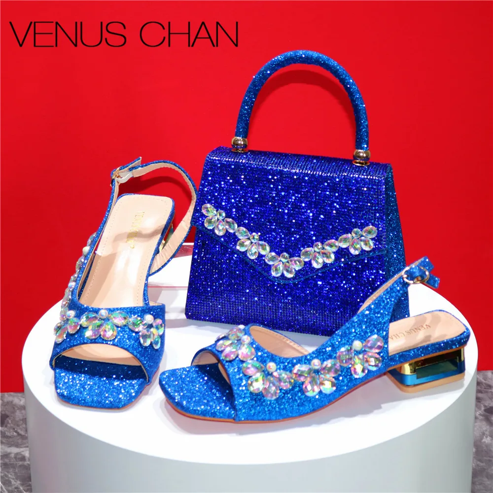 

Nigeria Popular New Elegant Blue Color Chunk Heels Sandals for Simple And Versatile Exquisite Party Shoes And Bag Set