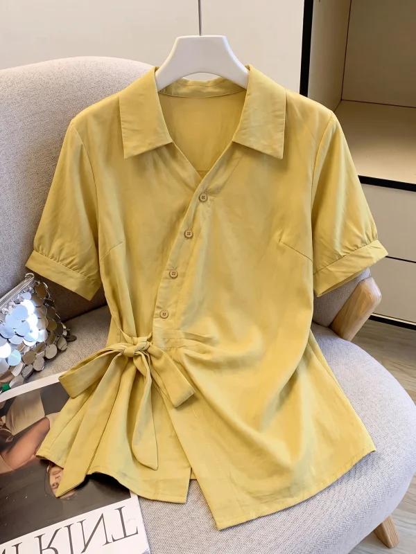 

Yellow V-Neck Short Sleeve Shirt Women's plus Size Summer New Style Belted Waist Tie-Back Irregular Top Korean Style Commute