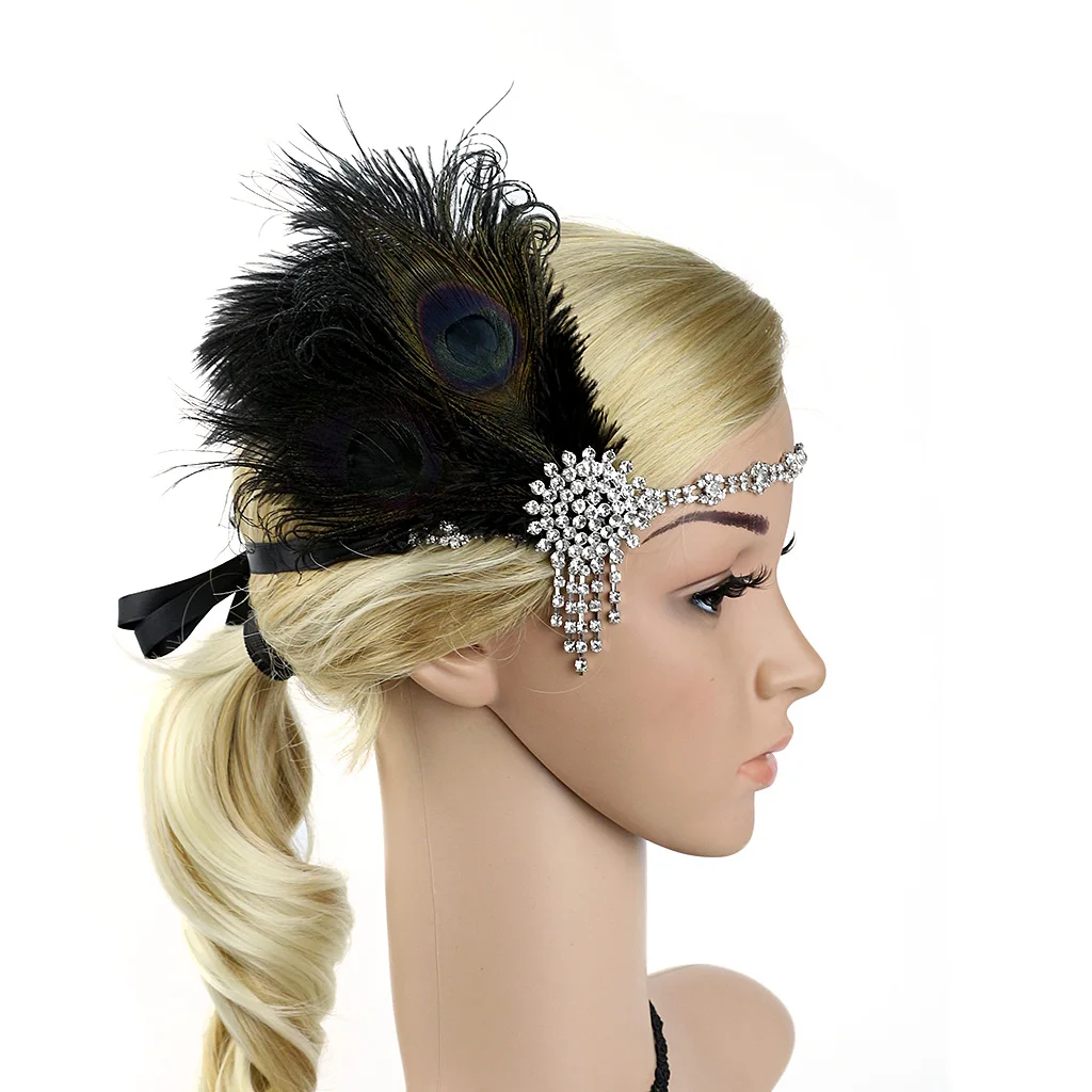 إكسسوارات الشعر حجر الراين الأسود مطرز الترتر رباط شعر 1920s خمر غاتسبي حفلة خوذة المرأة الزعنفة ريشة عقال #1