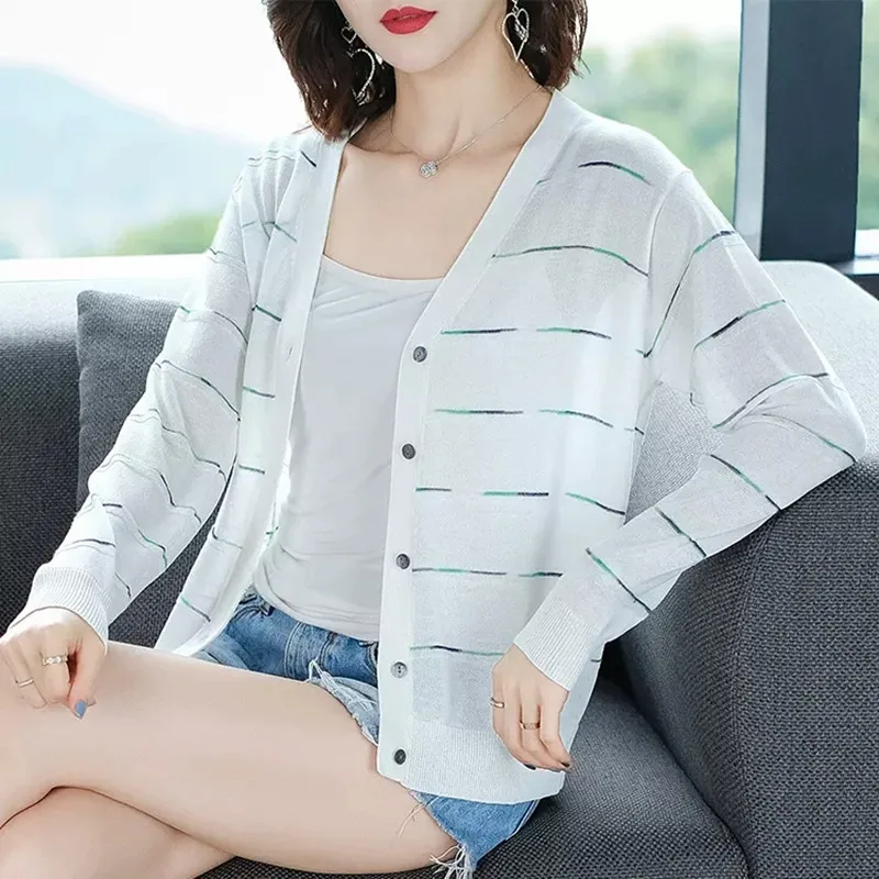 Spring Autumn Sweater Female V-Neck Stripe Knitted Long Sleeve Casual Loose Soft Fashion Women Clothing 2023  Button Cardigan