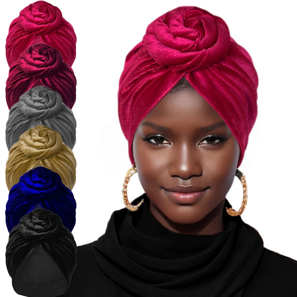 Velvet Knot Turban Hats Vintage Solid Color Head Wraps Classic Beanies Ramadan Headscarf Chemo Cap For Women