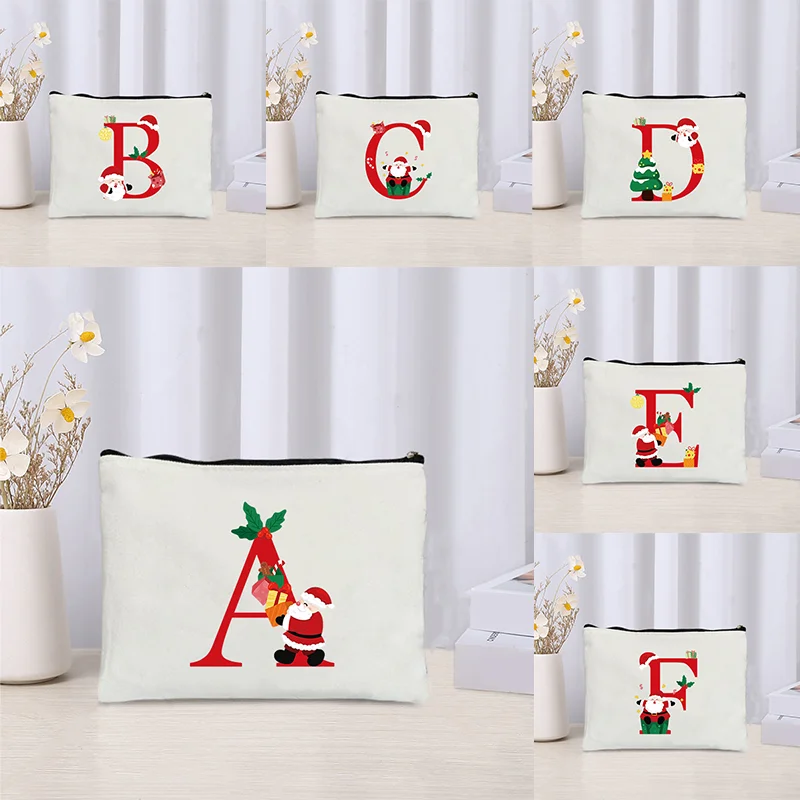 Christmas A-Z Initial Letter Makeup Bag Small Canvas Cosmetics Pouch Reusable Holiday Party Supplies Christma Decorations Indoor