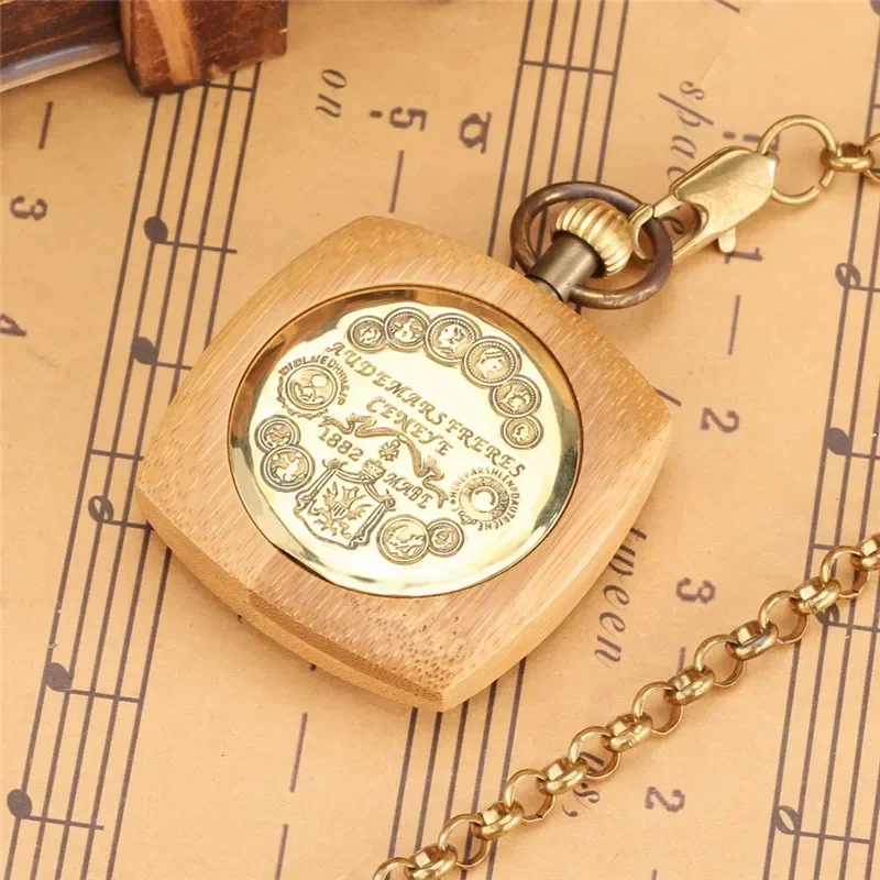 Antique Wooden Pocket Watch Square Case Men Women Automatic Mechanical Watches Roman Number Dial Pendant Chain Timepiece