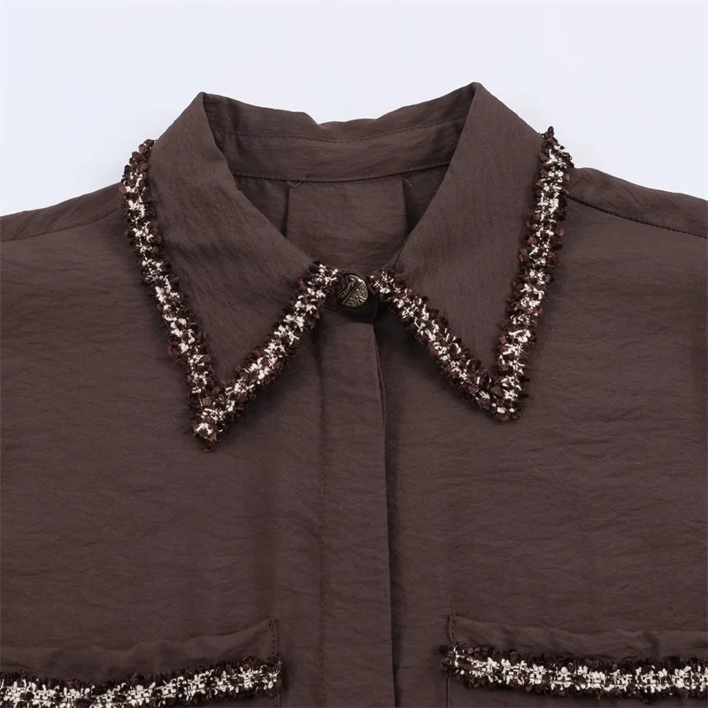 2025 Autumn New Women's Clothing, textured trim shirt, brown tones, sequin lapel, patch pocket design.
