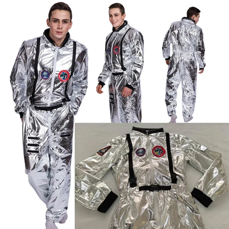 

Adult silver astronaut costume men women spaceman suit space man NASA outfit jumpsuit Halloween cosplay party dress up birthday