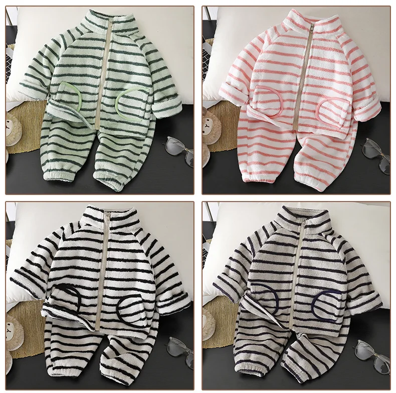 0-10Y Autumn Winter Kids Fleece Homewear Suit Warm Striped Children's Set Zip up Coat + Thicken Pants for Boys Girls