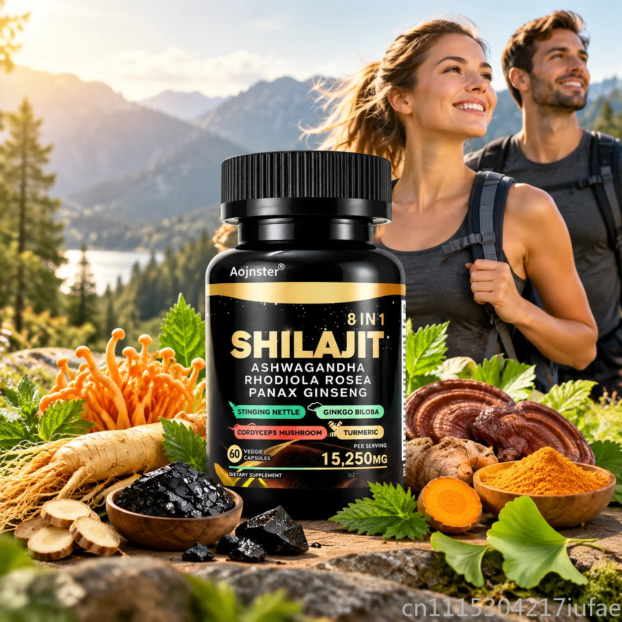 8 in 1 Shilajit Complex Capsules 15250mg, 60 Count, Ashwagandha Ginseng Blend, Natural Plant Based Dietary Supplement