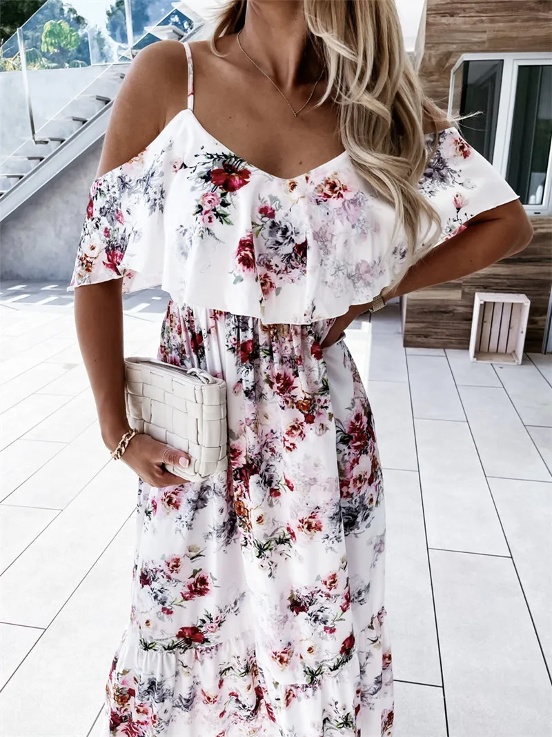 Women Summer Cold Shoulder Dresses Casual Spaghetti Straps Floral Maxi Boho Dress