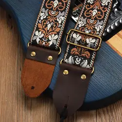 Vintage Flowers Crazy Horse Genuine Leather Head Guitar Strap with Tail Nail and Pick, Stripes Fabrics Guitar Bass Strap