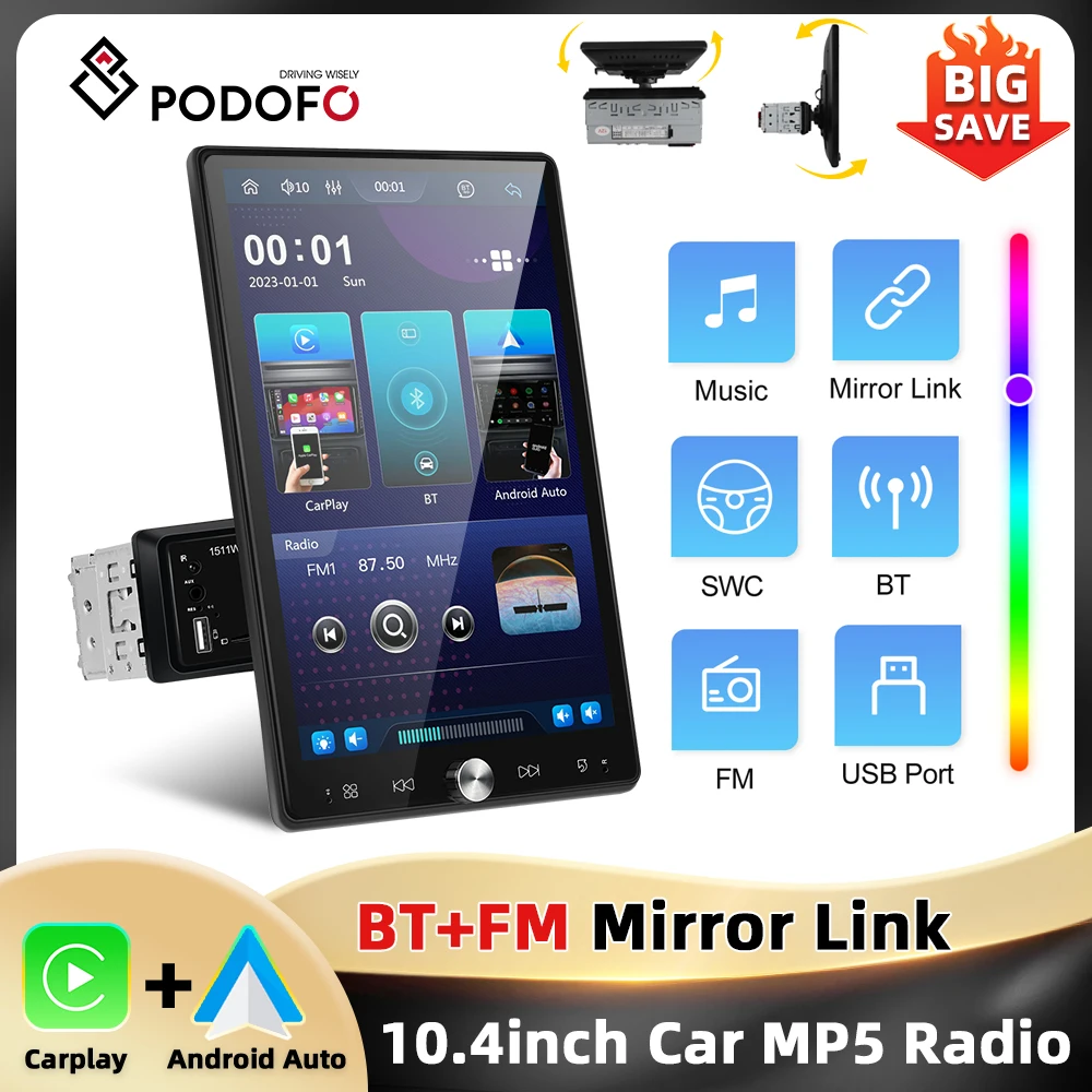 Odtwarzacz multimedialny Podofo 1Din z 10,4-calowym ekranem dotykowym IPS, radio samochodowe z funkcją CarPlay, Android Auto, EQ, Mirror Link, Bluetooth, FM/RDS, Autoradio
