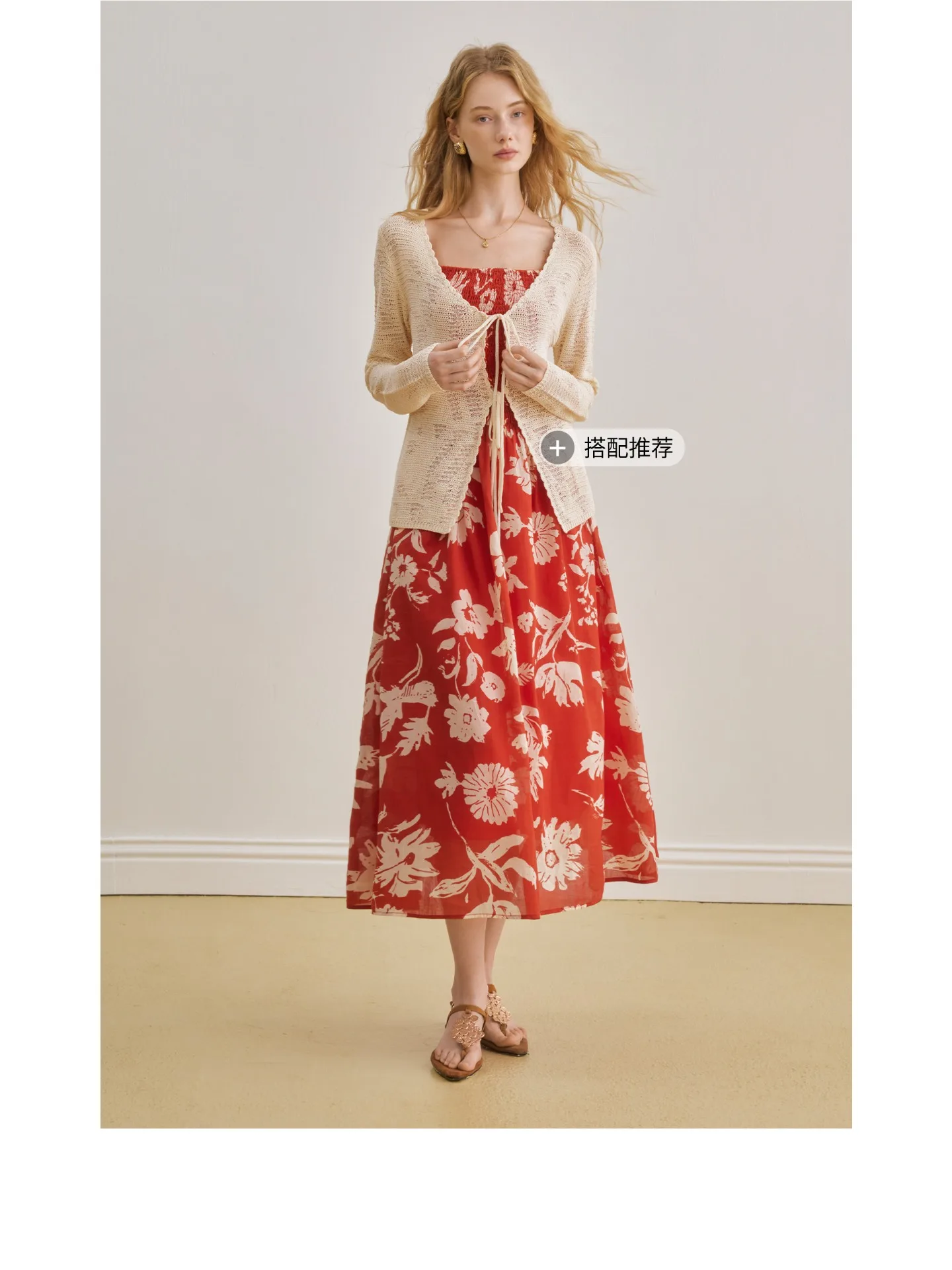 AEL Original Seaside Vacation Style Red Print Suspender Dress 26 Sommer Tailliertes und schmales, elegantes langes Kleid aus reiner Baumwolle – Detail 7