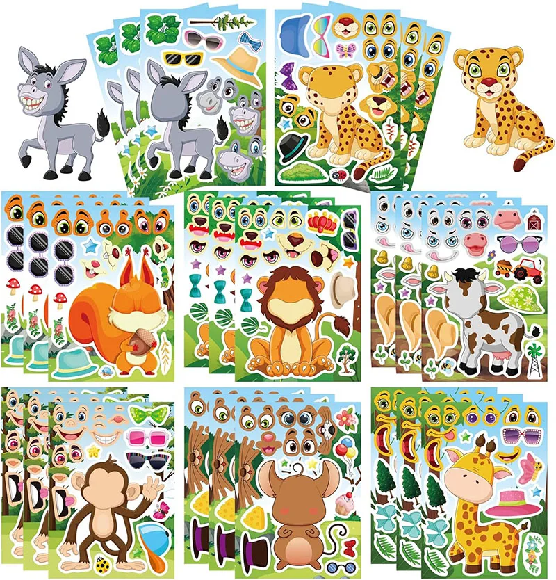 Cartoon Jungle Animal Stickers for Kids Toddler Make Your Own Animal Make-a-face Sticker Sheets Children DIY Puzzle Jigsaw Toys