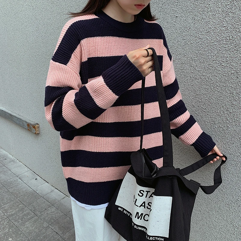 Knitted Striped Women Sweater Casual Oversized Pullovers Loose Streetwear Knitwear Pullovers