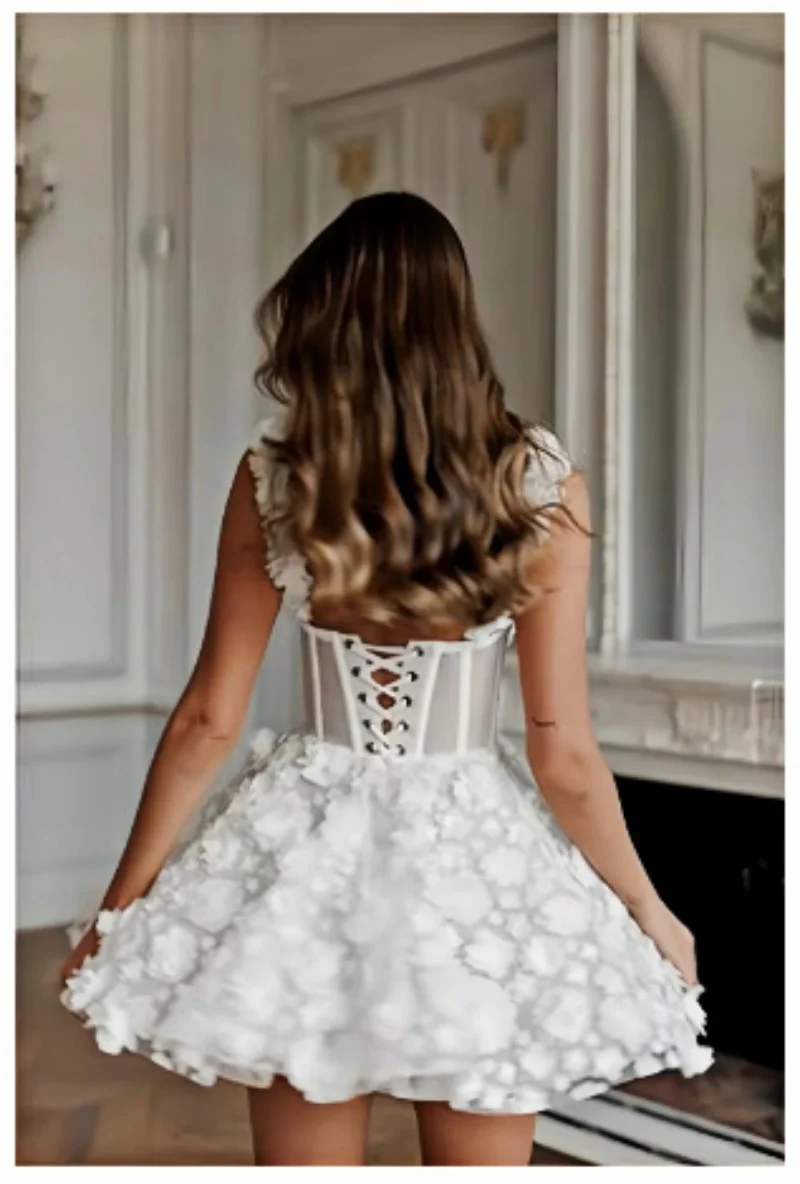 White Short Wedding Dress for Bride Floral Applique Bridal Dresses Sweetheart Short Homecoming Dresses Mini Prom Dress