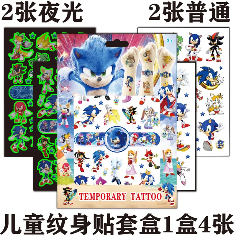 4sheet/set noctilucent and ordinary Tattoo sonic Stickers Waterproof Cute Sticker Funny Cartoon Kids Birthday Gifts Reward Toy