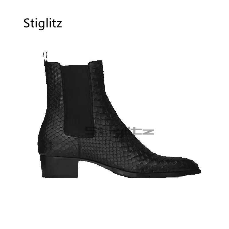 ثعبان نمط شريط مرن تشيلسي أحذية للرجال مدبب تو ميد الكعوب جلد طبيعي حذاء من الجلد الأعمال اليدوية الأحذية #1