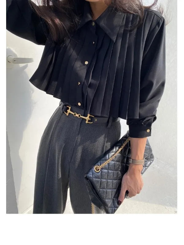 قميص نسائي أنيق عتيق بأكمام طويلة، فضفاض مناسب بأزرار سفلية، تصميم مطوي مزين بشكل متعدد الاستخدامات، ملابس عمل متعددة الاستخد...