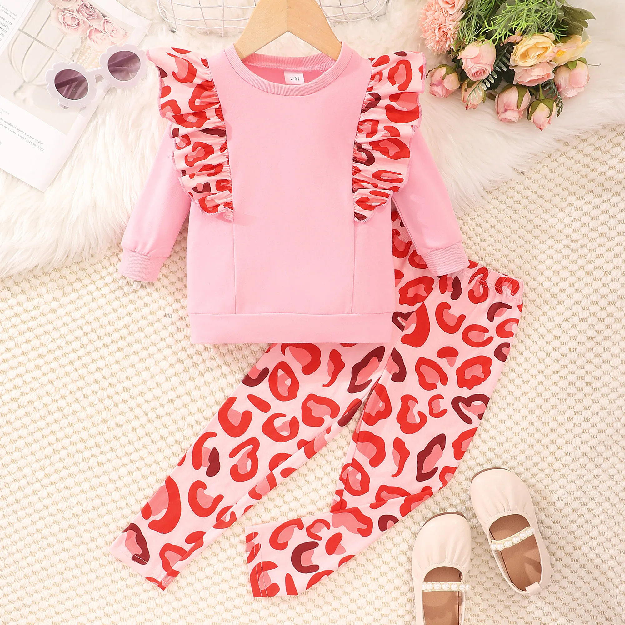 2023 Autumn Winter Casual Children\'s 2-piece Cotton Long Sleeve Round Neck Ruffle Top+Printed Pants Children Set 3 4 5 6 7 Years