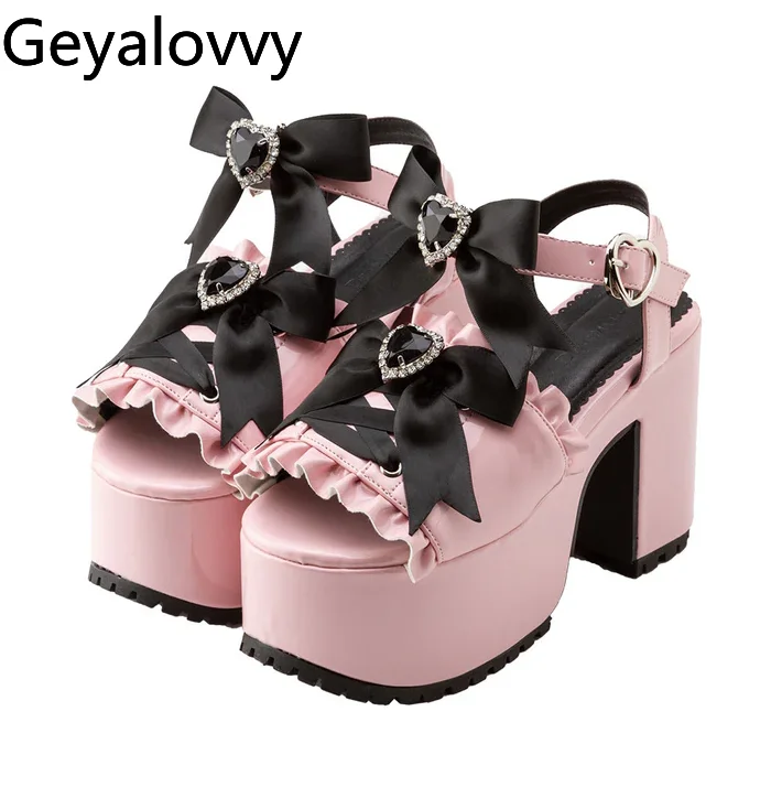 Japanese Rhinestone Bowknot Platform Thick Sole Shoes Lolita Mass-Produced Sweet Cute Girls Versatile High Heel Sandals